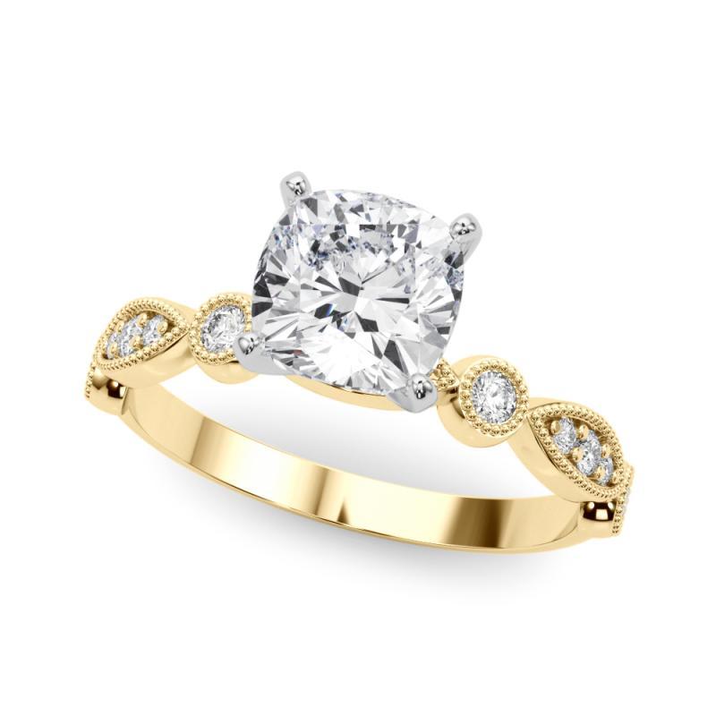 GIA Anillo de diamantes de oro amarillo con bisel milgrain redondo y marquesa en forma de cojín de 2,50 ct Corte cojín