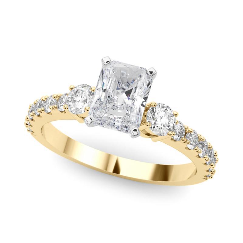 Radiant Cut GIA 2.50ct Radiant Three-Stone with Diamond Shank 18K Yellow Gold Diamond Ring For Sale