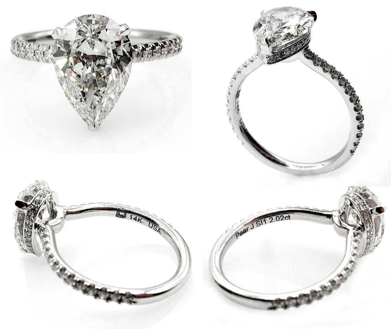 Pear Cut GIA 2.50 Carat Pear Shaped Diamond Pave Solitaire 14 Karat Gold Wedding Ring