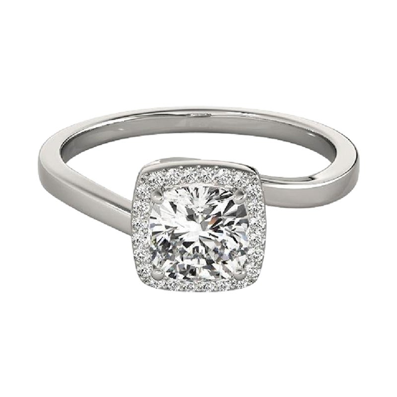 Bague en or blanc GIA de 2,51 carats avec coussin, halo carré et contournement incurvé