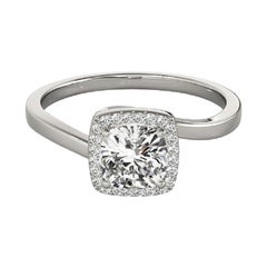 Bague en or blanc GIA de 2,51 carats avec coussin, halo carré et contournement incurvé