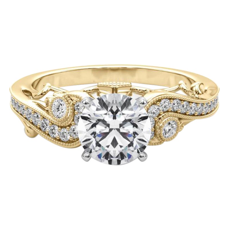 GIA 2.51 Carat Round Three-Stone Curved Bypass 18K Yellow Gold Diamond Ring (bague à diamant en or jaune 18K)