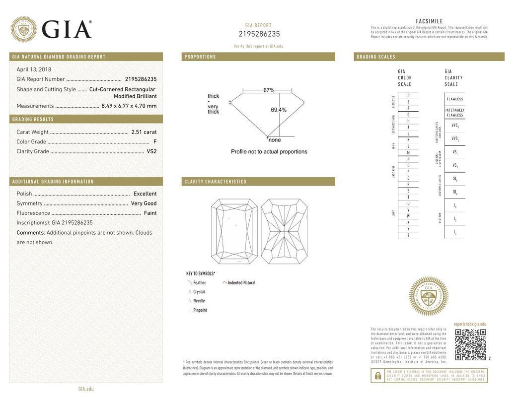 Contemporaneo GIA 2,51 Carati Solitario Radiante a 4 punte in oro bianco 18K Anello di diamanti in vendita