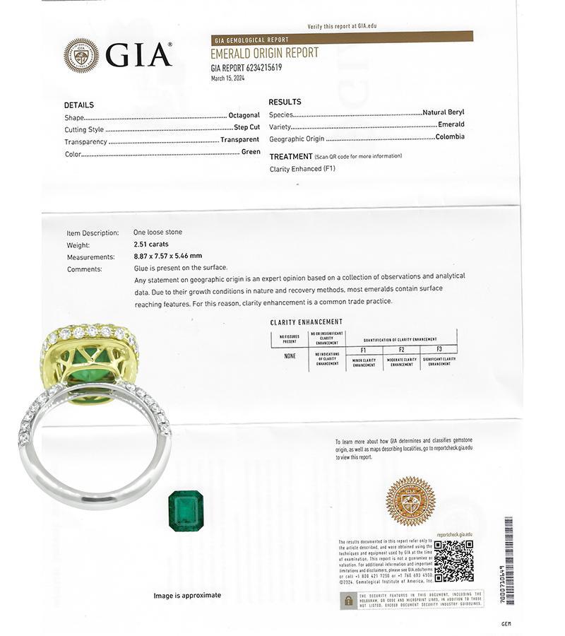 GIA Esmeralda colombiana de 2,51 ct Diamante de 1,50 ct Anillo de compromiso en Bueno estado para la venta en New York, NY