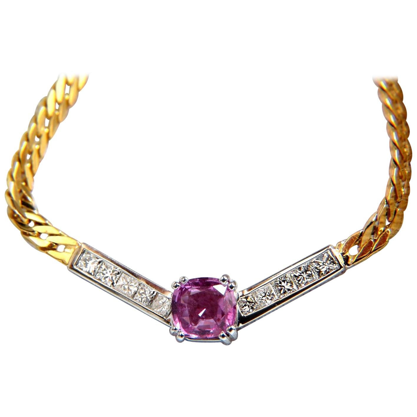 GIA 2.52 Carat Natural No Heat Pink Sapphire Diamonds "V" Necklace 14 Karat For Sale
