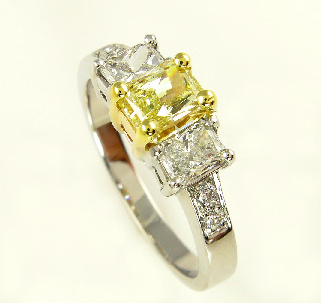 Radiant Cut GIA 2.52ct Natural Fancy Yellow Radiant 3-Stone Diamond Engagement Wedding Ring For Sale
