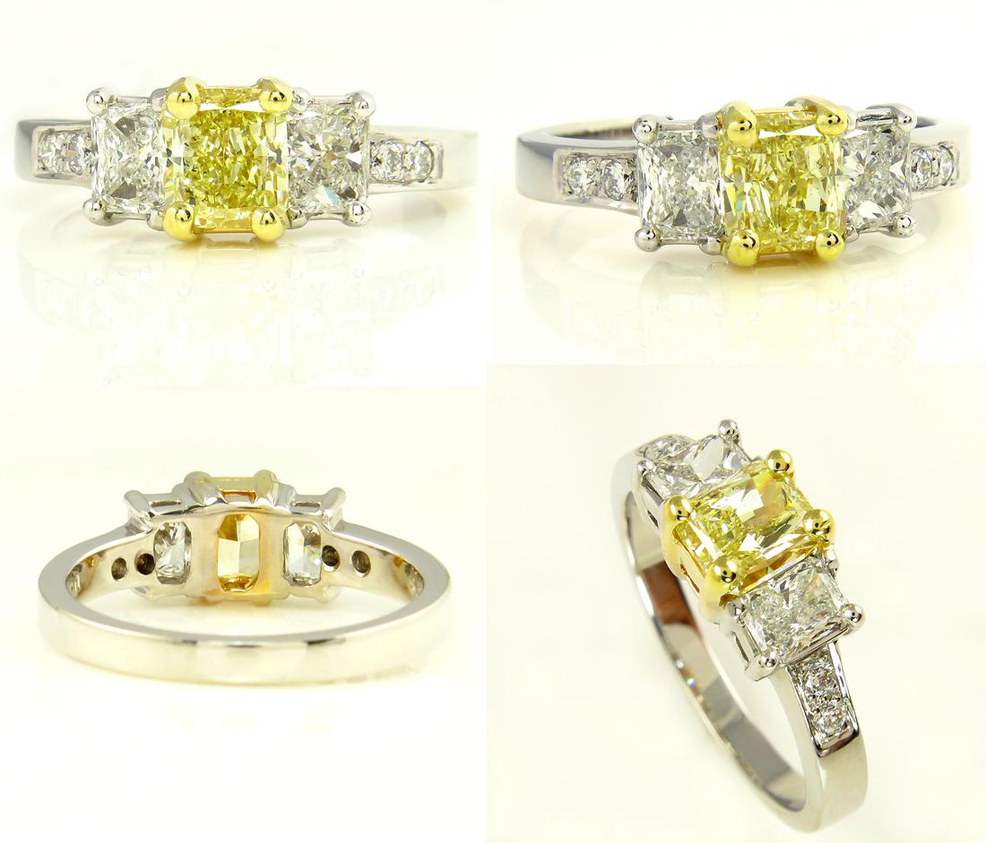 GIA 2.52ct Natural Fancy Yellow Radiant 3-Stone Diamond Engagement Wedding Ring In Good Condition For Sale In New York, NY