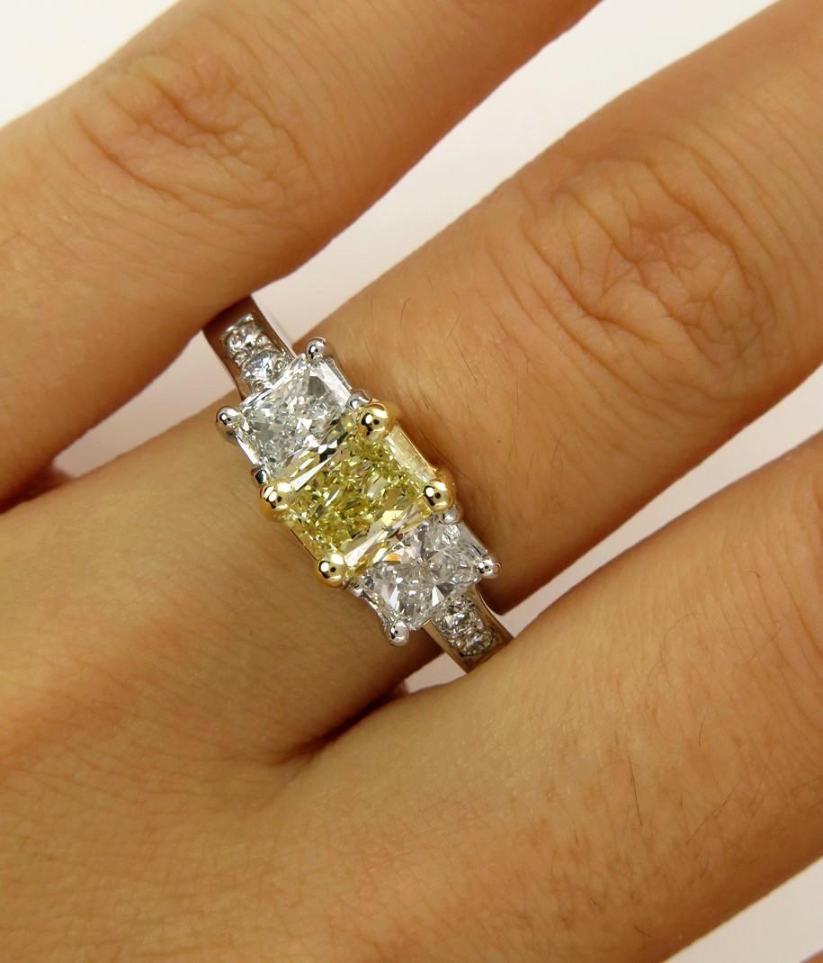 GIA 2.52ct Natural Fancy Yellow Radiant 3-Stone Diamond Engagement Wedding Ring For Sale 3