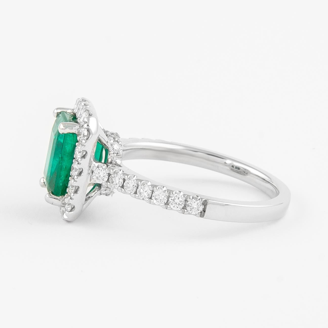 Emerald Cut GIA 2.52 Carat Emerald and Diamond Halo Ring 18k Gold For Sale