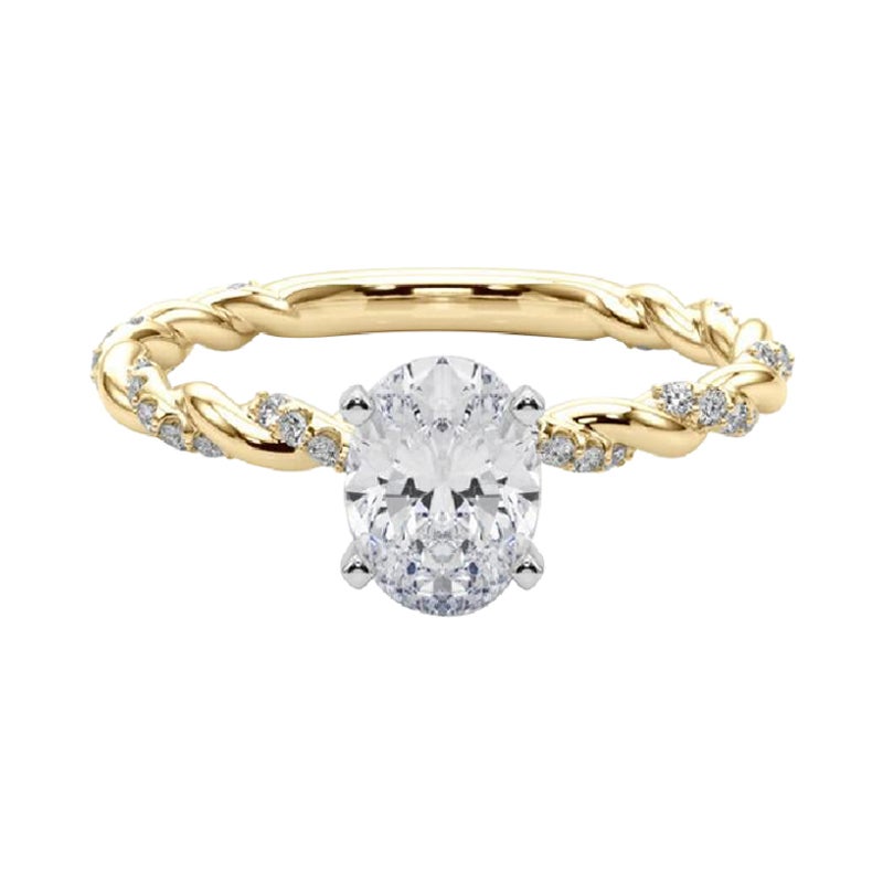GIA 2,53 ct Anillo de diamantes de oro amarillo de 18 quilates con trenza trenzada y micro pavé oval de 2,53 ct