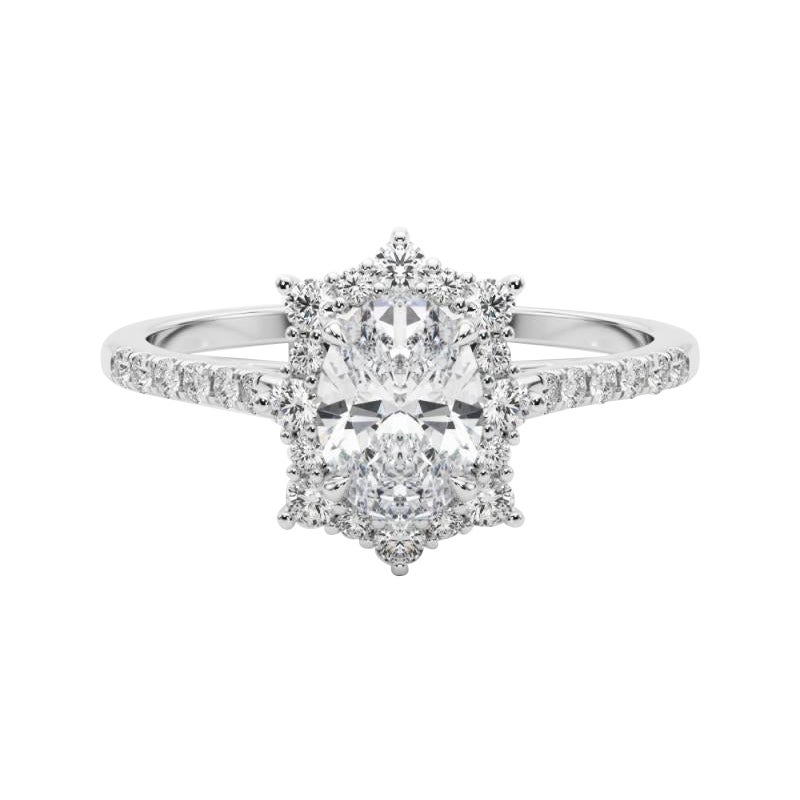 GIA 2.53ct Anello ovale vintage con fiocco di neve e aureola di diamanti in vendita