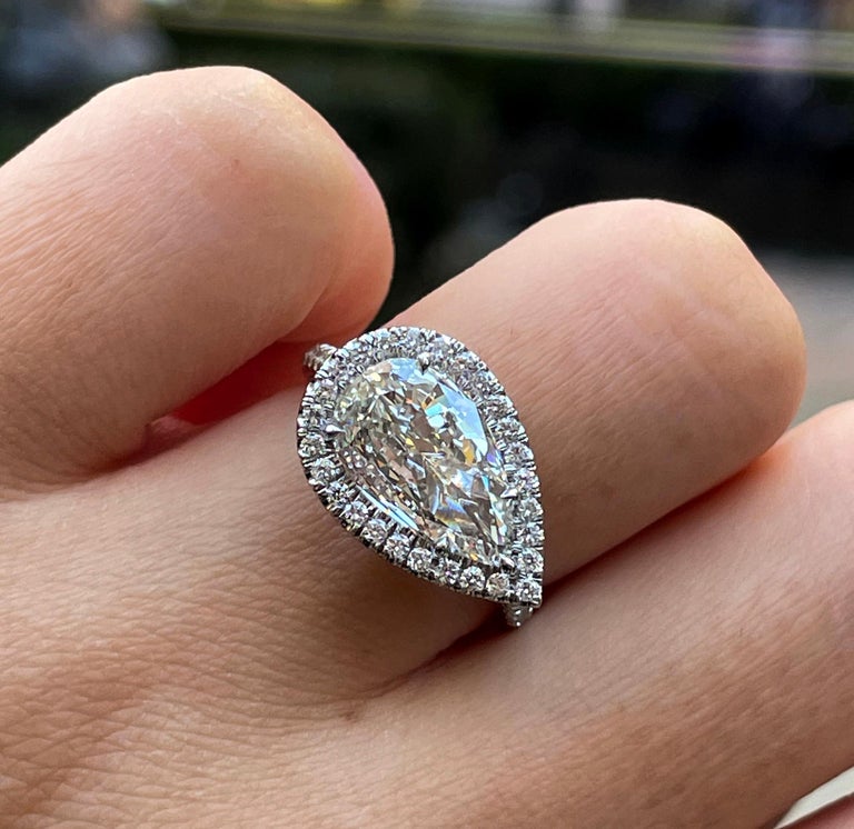 GIA 2.53ctw Pear Diamond Engagement Halo Pave Platinum Ring For Sale 8