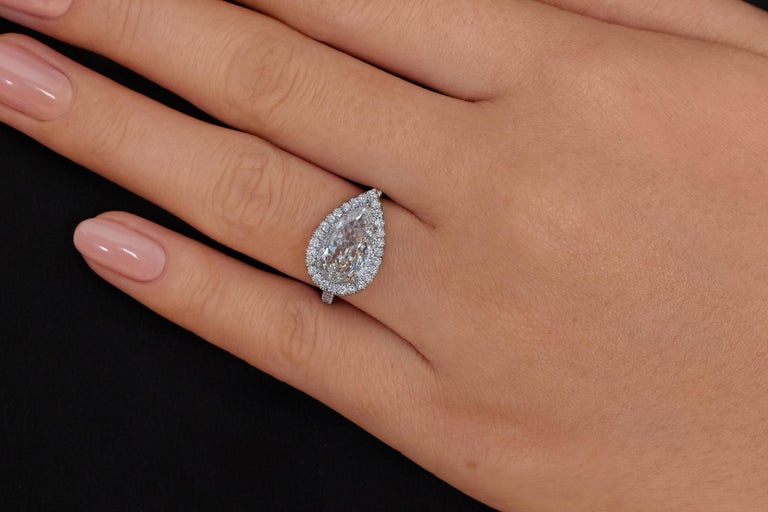 GIA 2.53ctw Pear Diamond Engagement Halo Pave Platinum Ring In Good Condition For Sale In New York, NY