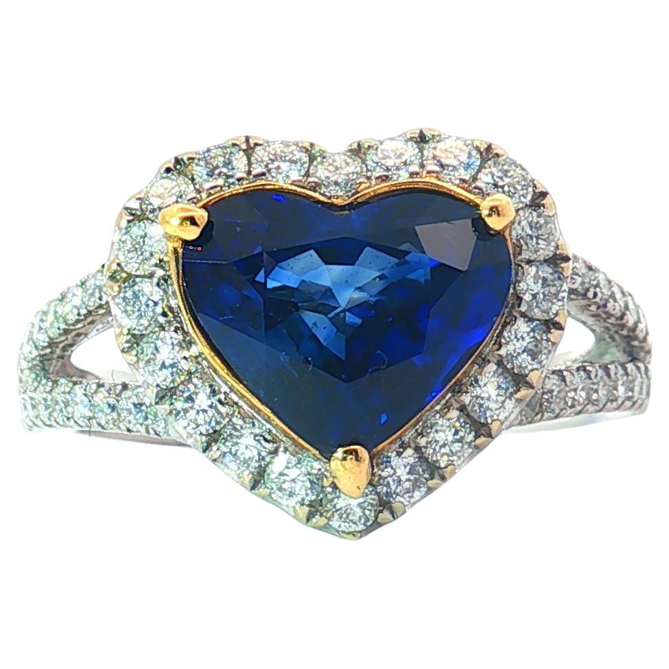 GIA 2.54 Carat Madagascar Heart-Shaped Blue Sapphire Diamond Halo Ring in 18K