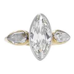 GIA 2.55 Carat Antique Old Marquise Diamond 3-Stone Wedding Yellow Gold