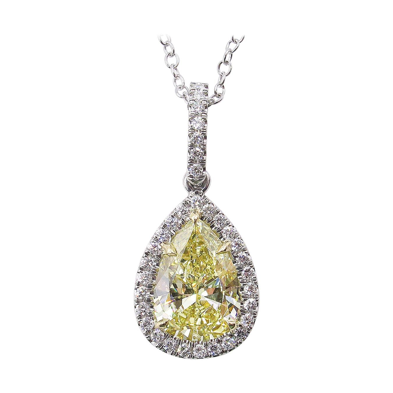 GIA 2.55 Carat Fancy Yellow Pear Diamond Platinum Yellow Gold Pendant Necklace
