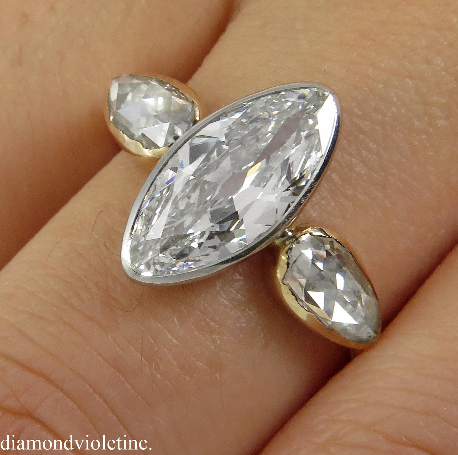 GIA 2.55 Carat Antique Old Marquise Diamond 3-Stone Wedding Yellow Gold 2