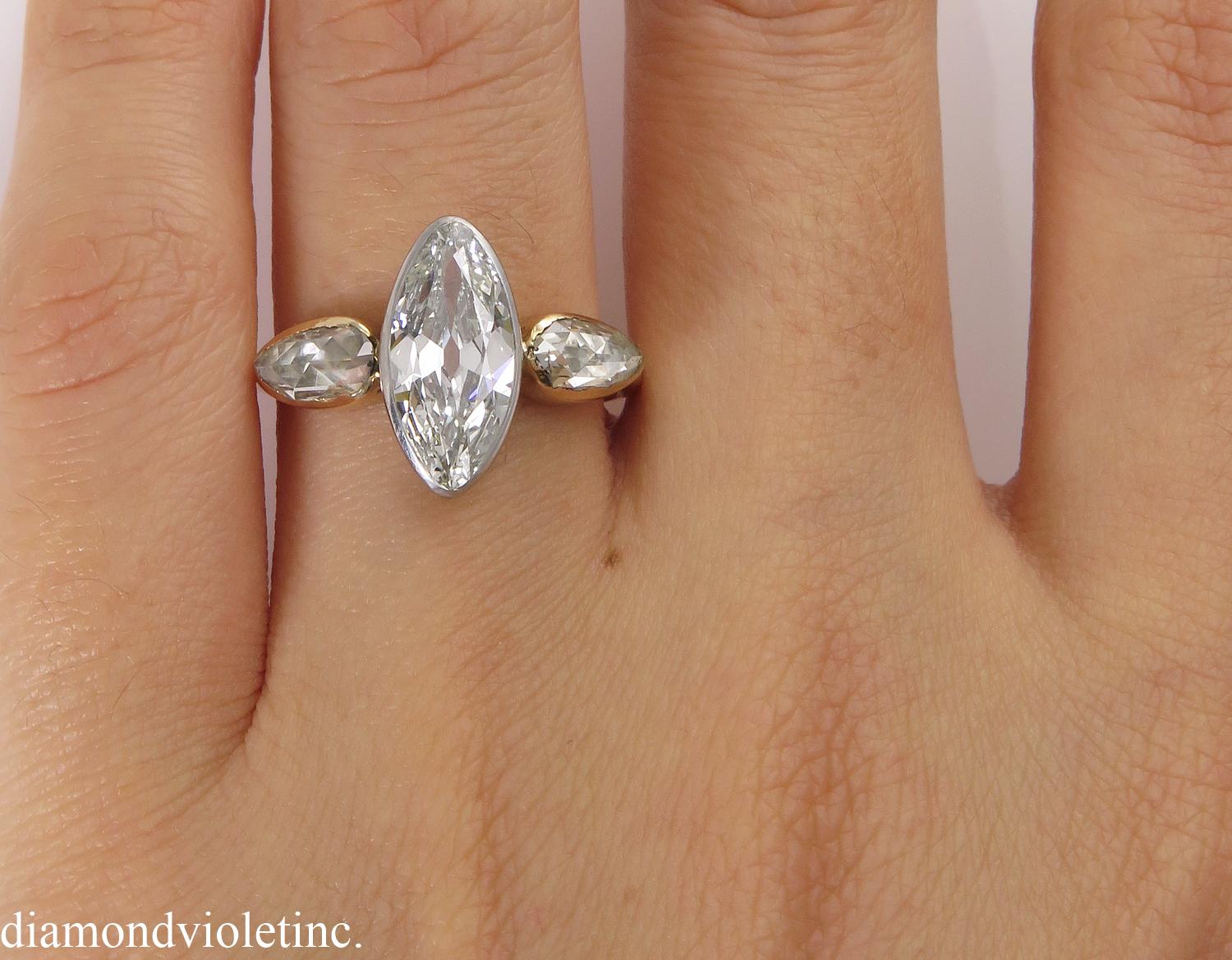 GIA 2.55 Carat Antique Old Marquise Diamond 3-Stone Wedding Yellow Gold 4