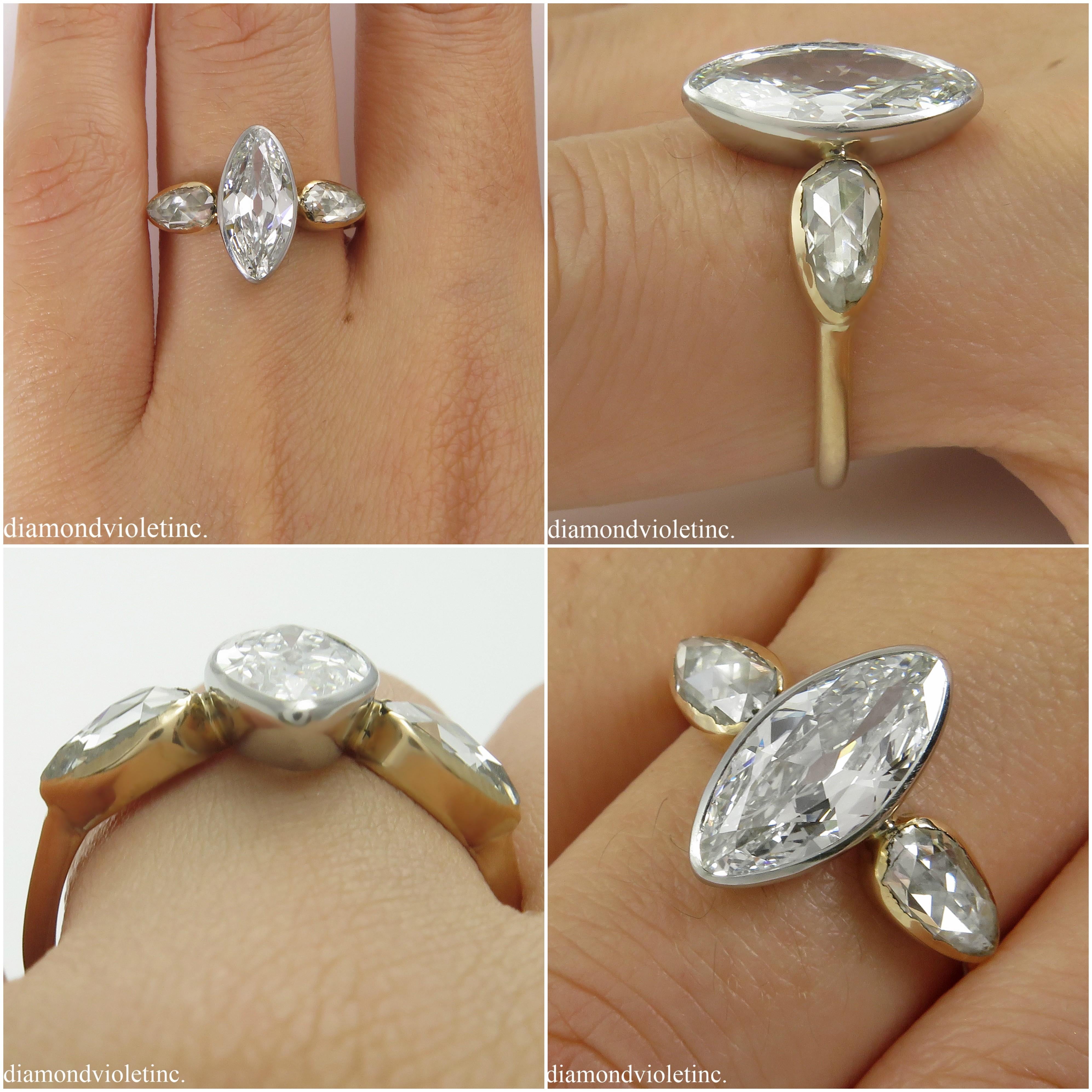 GIA 2.55 Carat Antique Old Marquise Diamond 3-Stone Wedding Yellow Gold 5
