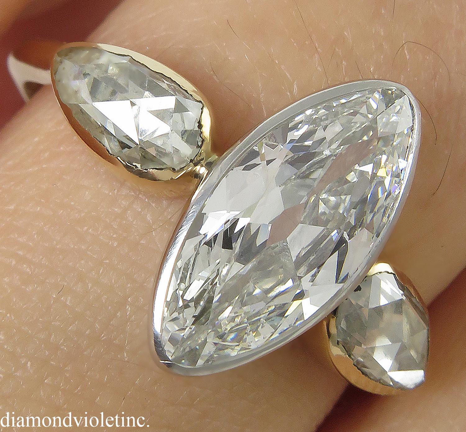 GIA 2.55 Carat Antique Old Marquise Diamond 3-Stone Wedding Yellow Gold 6