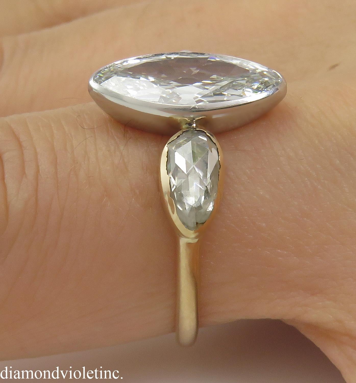 GIA 2.55 Carat Antique Old Marquise Diamond 3-Stone Wedding Yellow Gold 7
