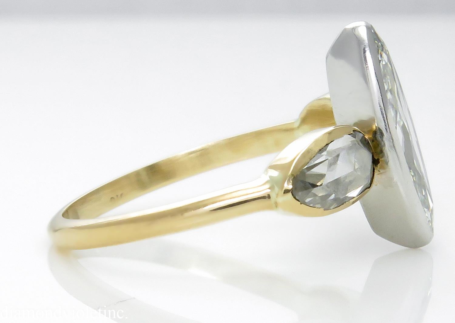 Women's GIA 2.55 Carat Antique Old Marquise Diamond 3-Stone Wedding Yellow Gold