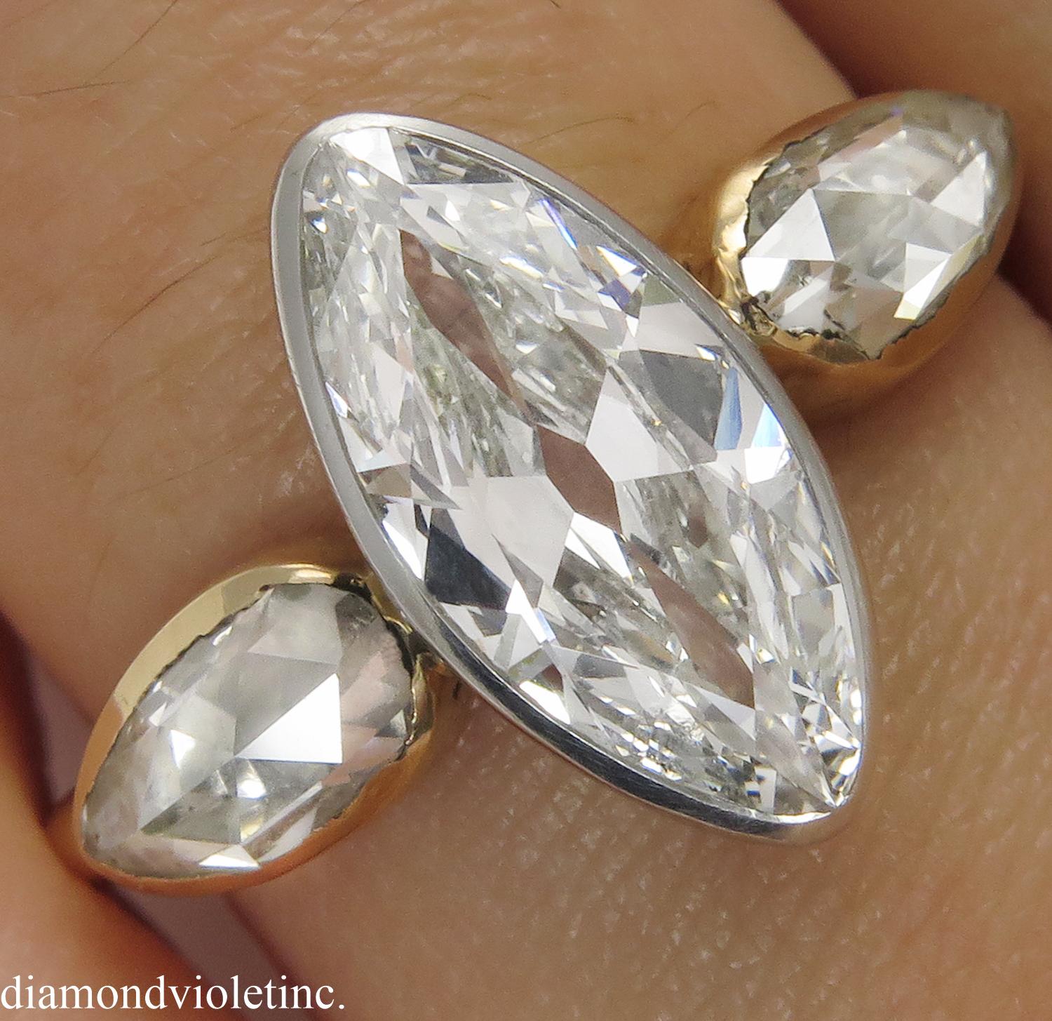 GIA 2.55 Carat Antique Old Marquise Diamond 3-Stone Wedding Yellow Gold 1