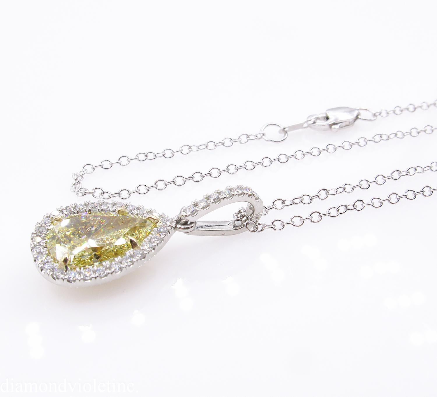 GIA 2.55 Carat Fancy Yellow Pear Diamond Platinum Yellow Gold Pendant Necklace 6