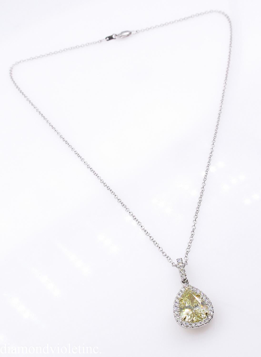 GIA 2.55 Carat Fancy Yellow Pear Diamond Platinum Yellow Gold Pendant Necklace 7