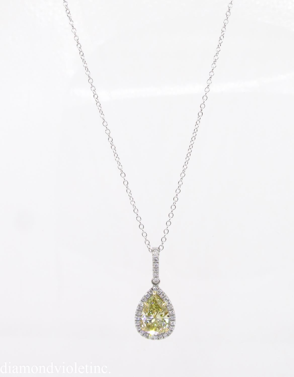 Pear Cut GIA 2.55 Carat Fancy Yellow Pear Diamond Platinum Yellow Gold Pendant Necklace