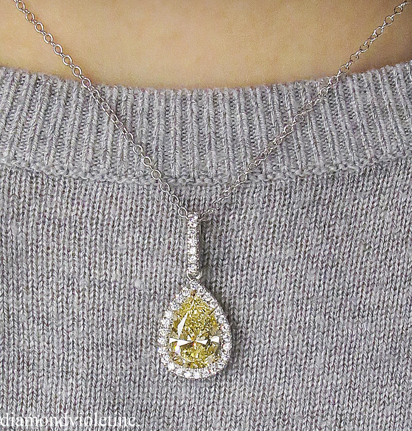 GIA 2.55 Carat Fancy Yellow Pear Diamond Platinum Yellow Gold Pendant Necklace 1