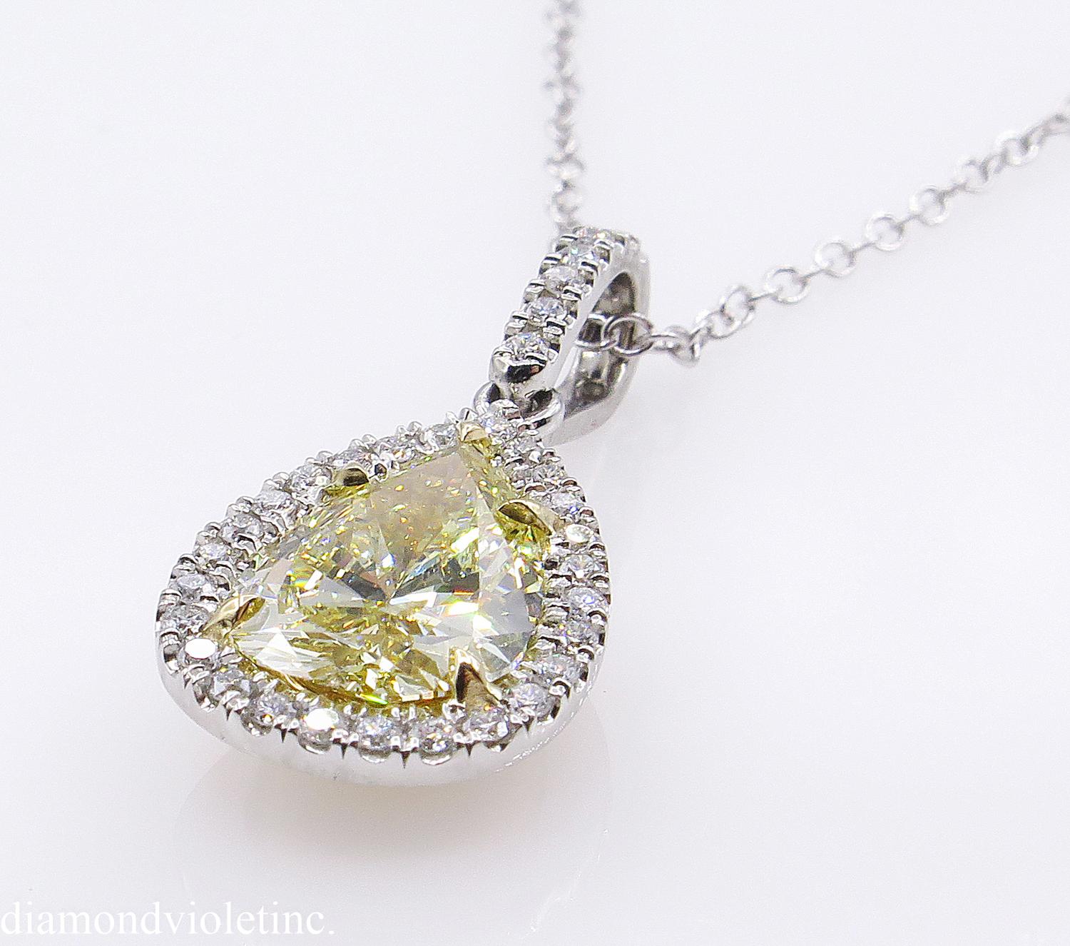 GIA 2.55 Carat Fancy Yellow Pear Diamond Platinum Yellow Gold Pendant Necklace 2