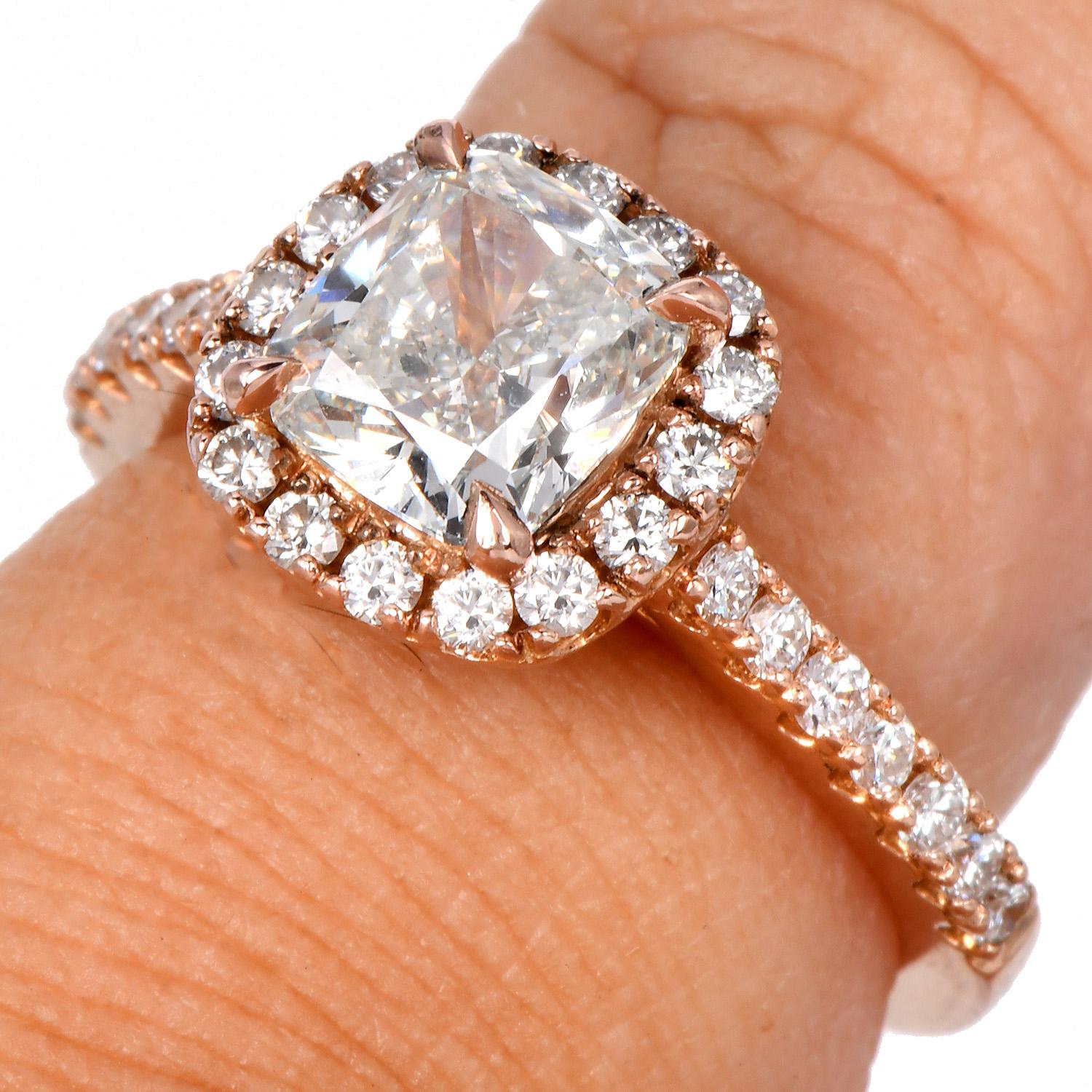 GIA 2.55cts Cushion Diamond J VS2 14K Rose Gold Halo Engagement Ring For Sale 5