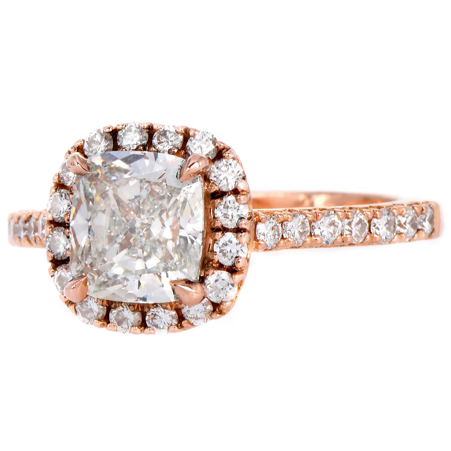 GIA 2.55cts Cushion Diamond J VS2 14K Rose Gold Halo Engagement Ring In Excellent Condition For Sale In Miami, FL