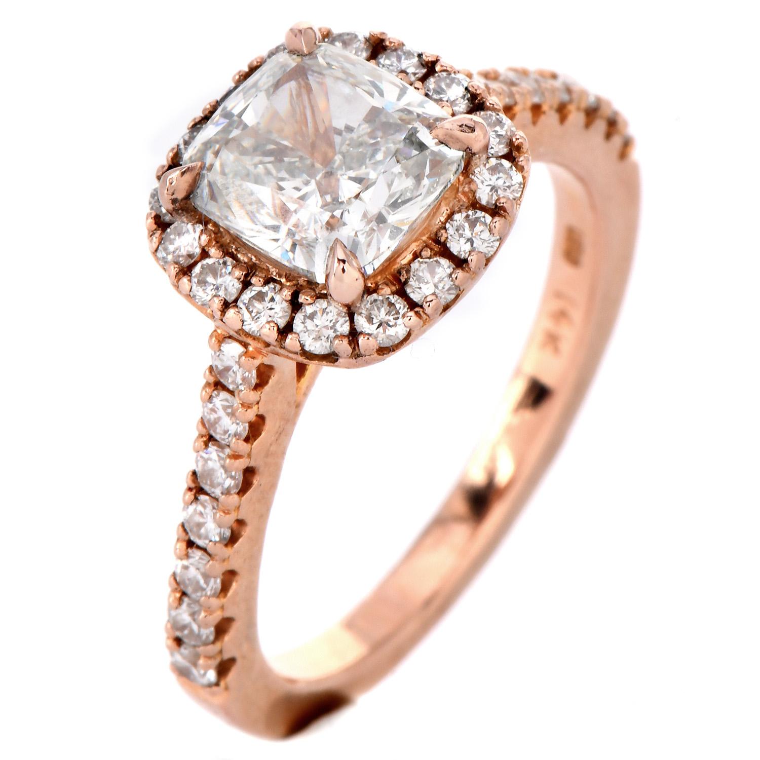 Women's GIA 2.55cts Cushion Diamond J VS2 14K Rose Gold Halo Engagement Ring For Sale