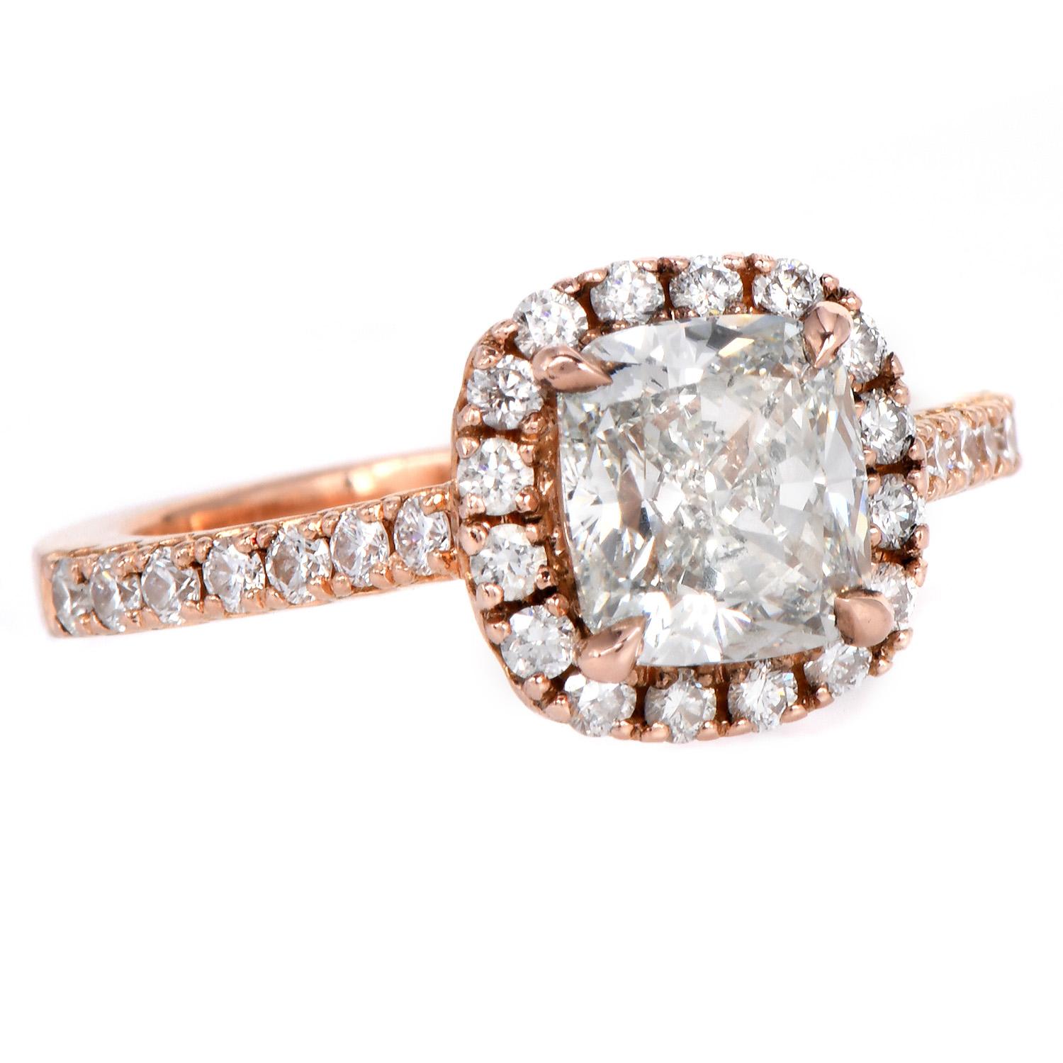 GIA 2.55cts Cushion Diamond J VS2 14K Rose Gold Halo Engagement Ring For Sale 3