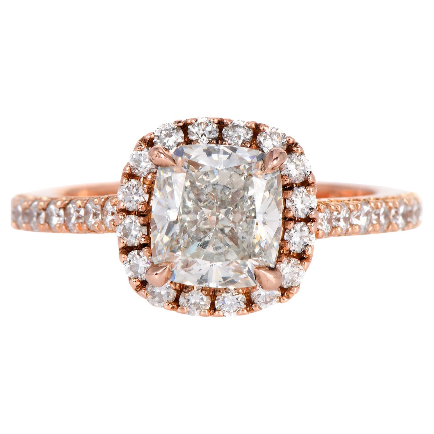 GIA 2.55cts Cushion Diamond J VS2 14K Rose Gold Halo Engagement Ring