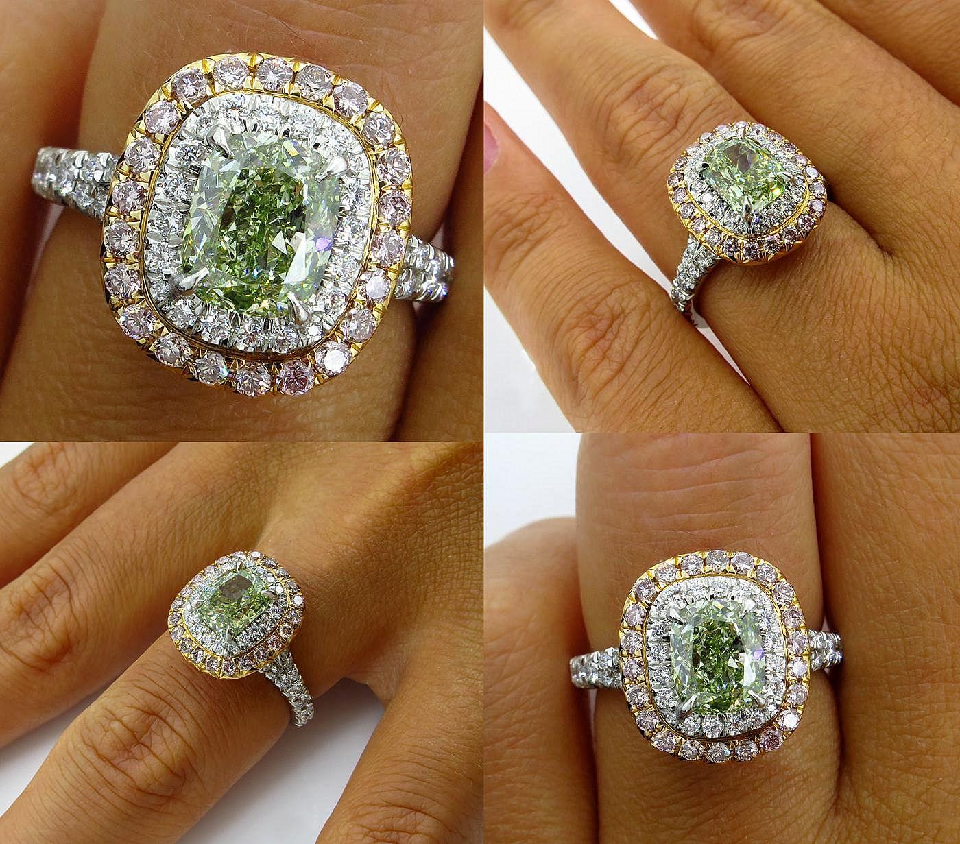 GIA 2.55 Carat Fancy Intense Green Cushion Cut Diamond Engagement Wedding Ring 4
