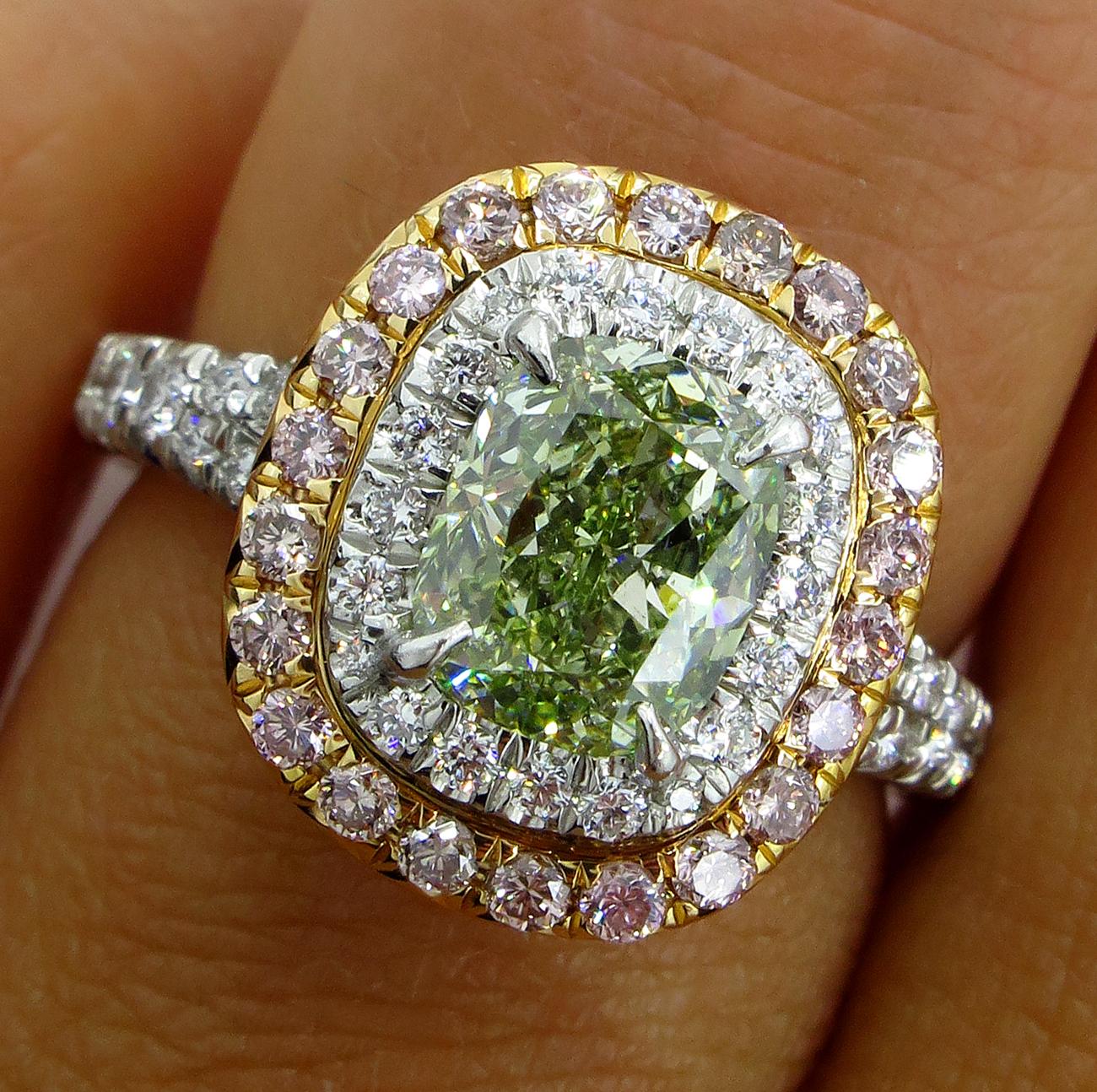 GIA 2.55 Carat Fancy Intense Green Cushion Cut Diamond Engagement Wedding Ring 1