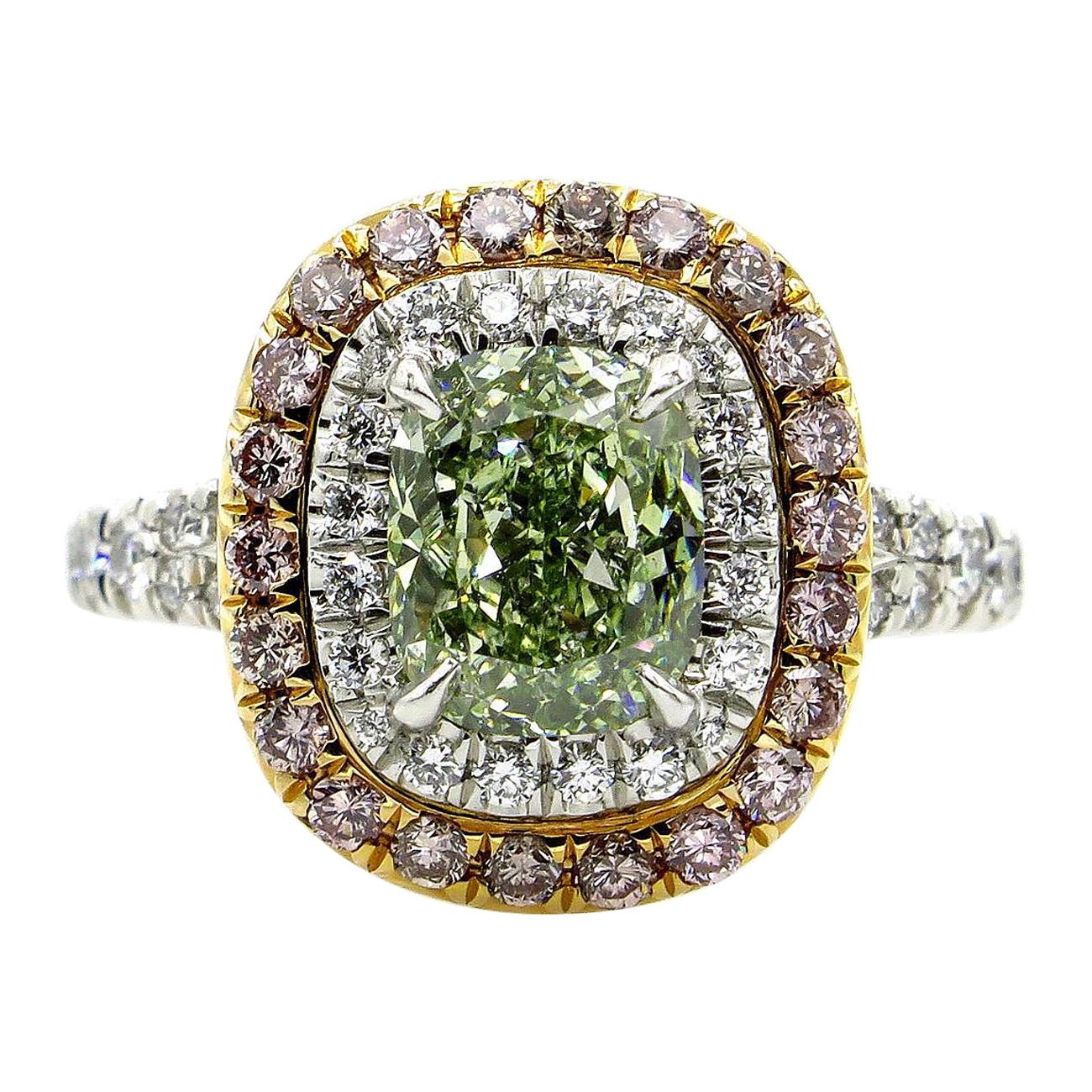 GIA 2.55 Carat Fancy Intense Green Cushion Cut Diamond Engagement Wedding Ring