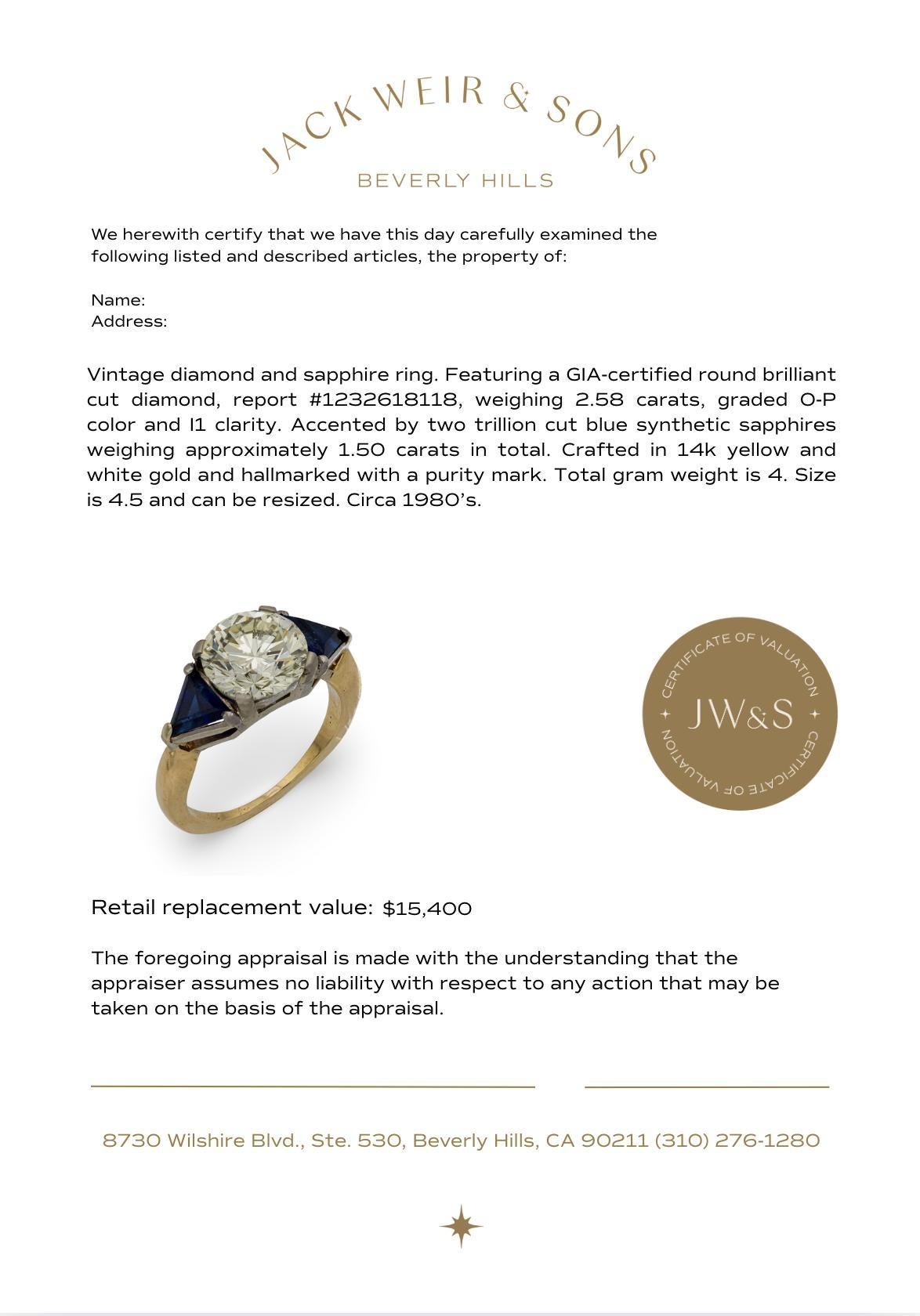 GIA 2.58 carat round brilliant cut diamond sapphire 14k gold engagement ring For Sale 1