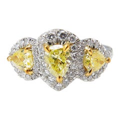 GIA 2.58 Carat Yellow Pear Diamond Three-Stone Engagement Wedding Platinum Ring
