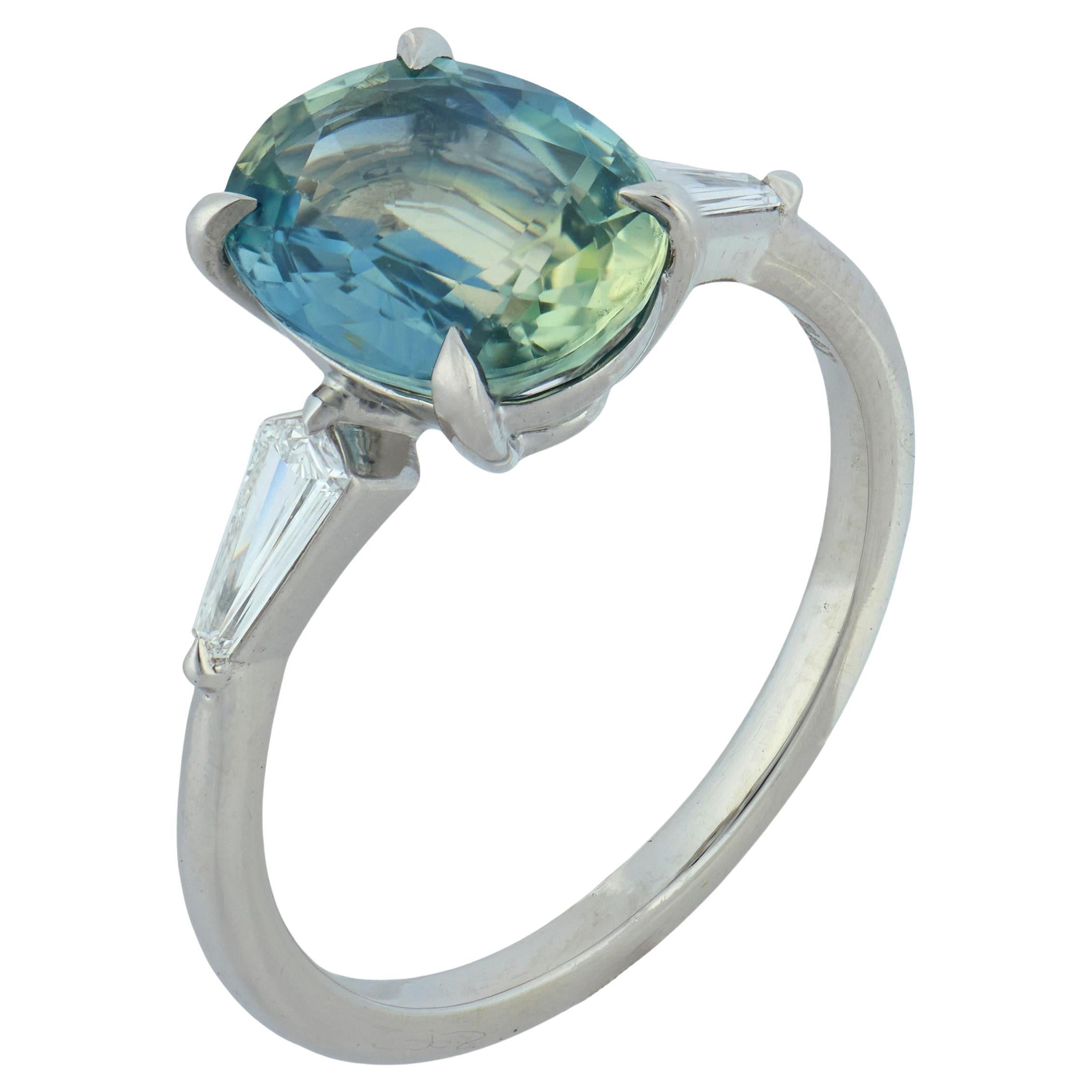 GIA 2.60 carat teal sapphire diamond platinum engagement ring