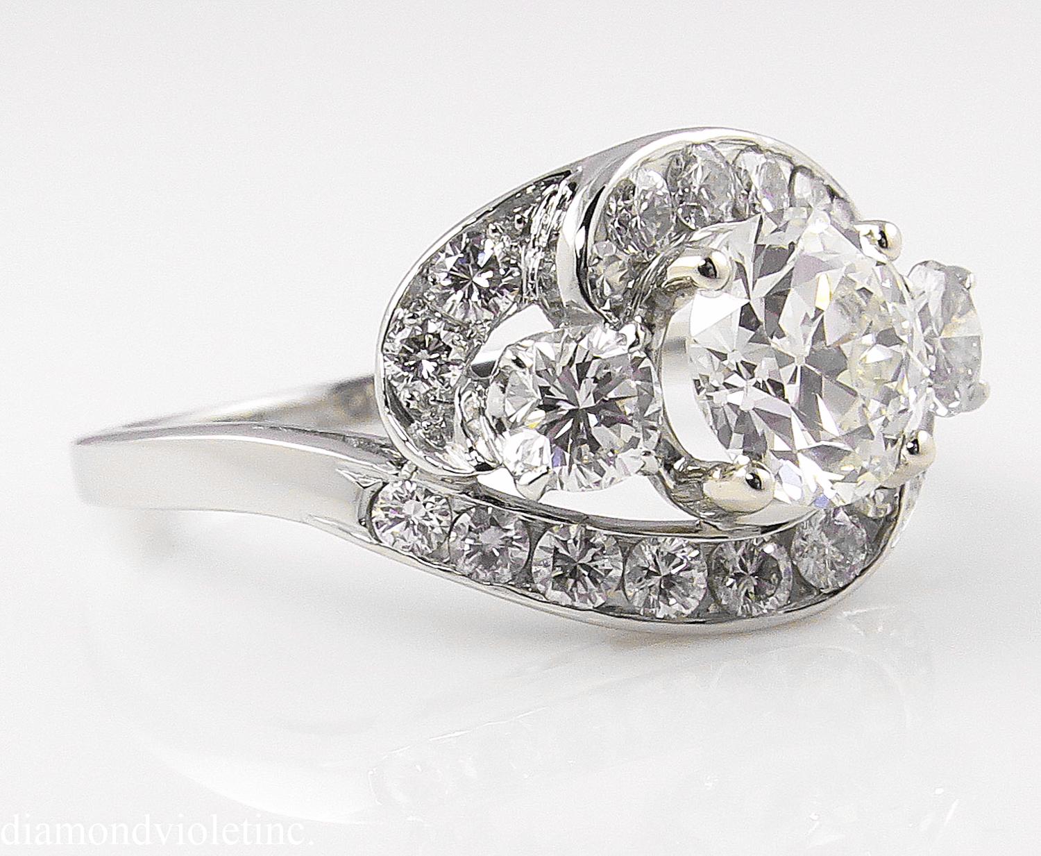 Old European Cut GIA 2.60ct Vintage Old European Diamond Cluster Engagement Wedding Platinum Ring