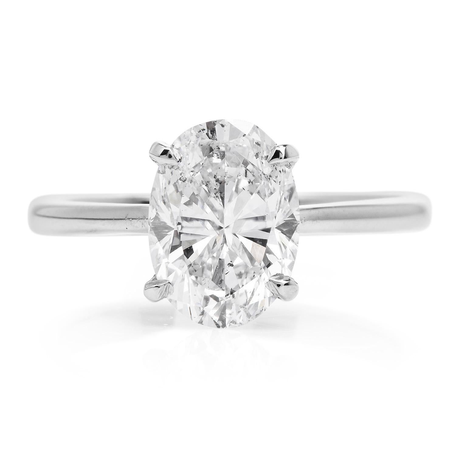 GIA 2.61 Ct Oval Cut E Color Diamond White Gold Solitaire Engagement Ring In Excellent Condition For Sale In Miami, FL