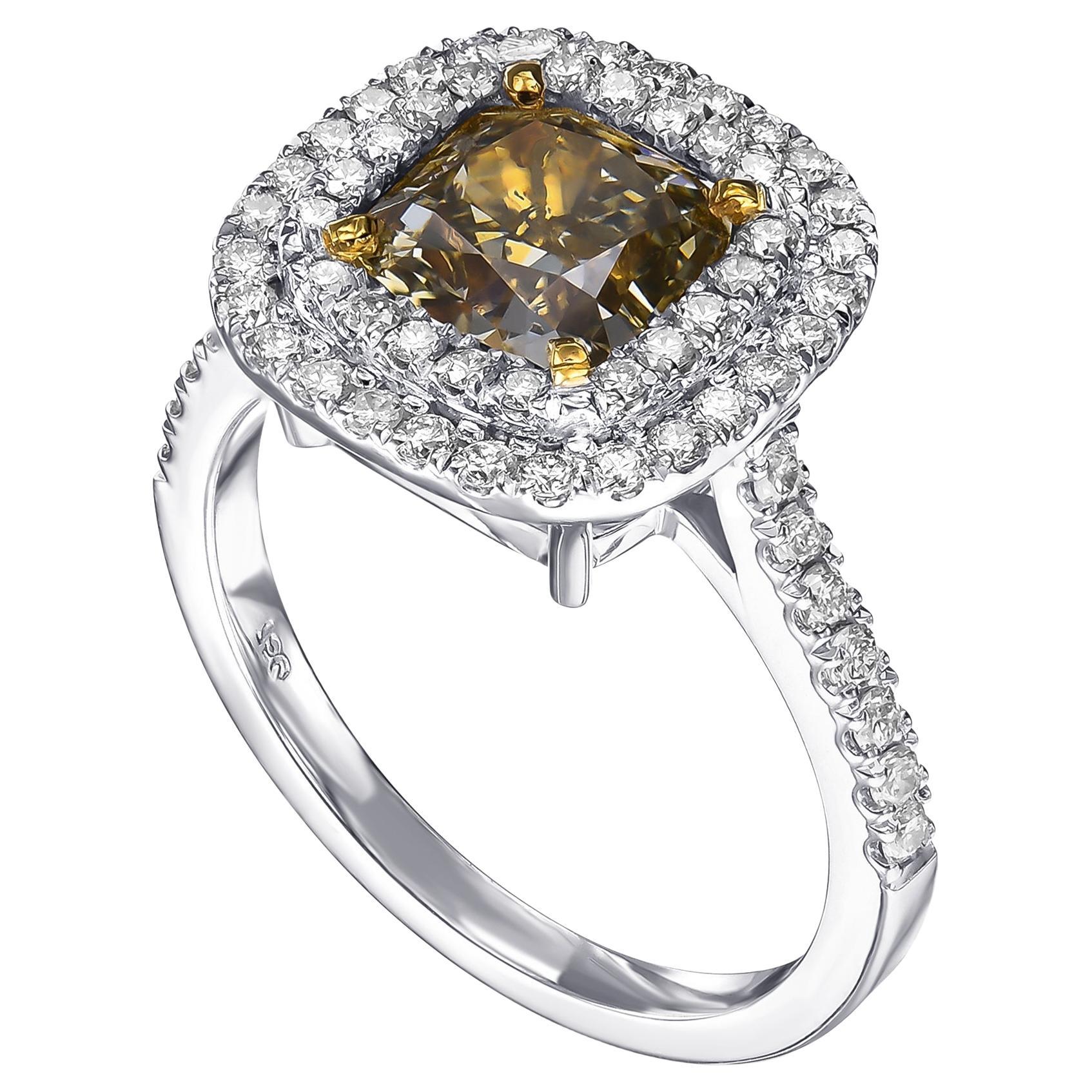 Today we are offering this amazing ring featuring a center 2.01 carat fancy brown-greenish yellow diamond diamonds halo ring. 

A once in a lifetime opportunity to become the proud owner of this amazing ring. The ring has tremendous brilliance and