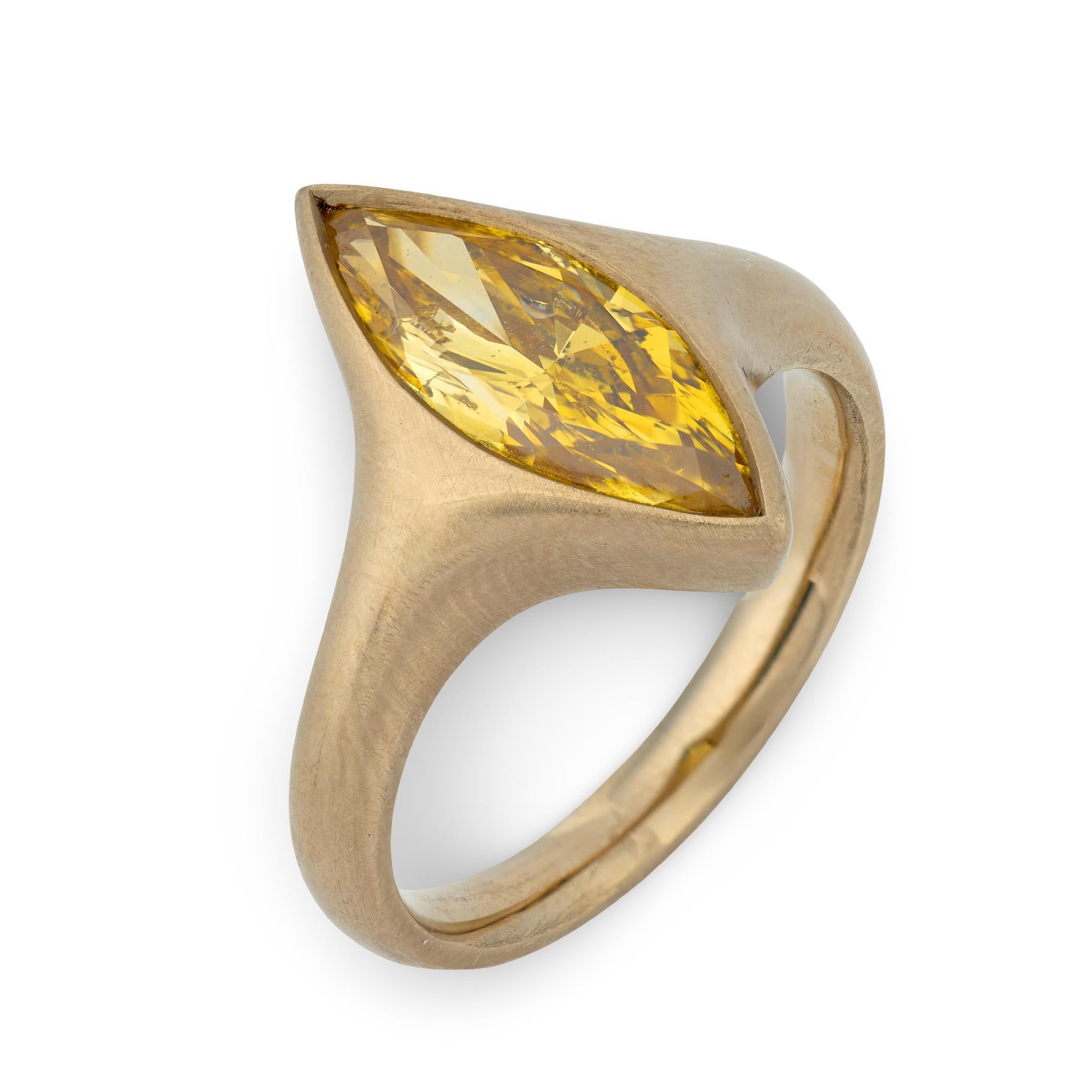 GIA 2.65 carat Fancy Deep Orangy Yellow Marquise cut diamond solitaire ring For Sale