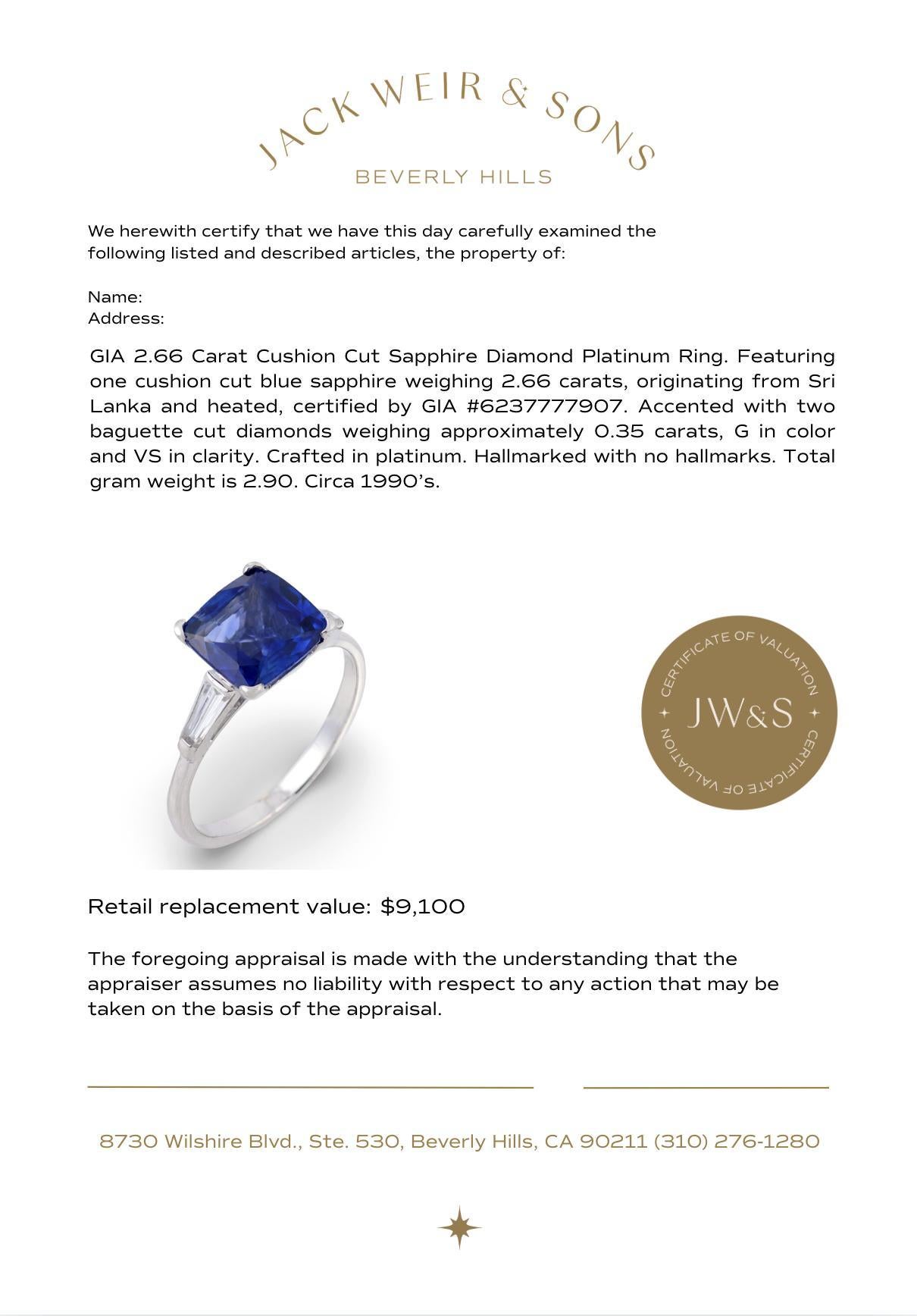 GIA 2,66 Karat Kissenschliff Saphir Diamant Platinring im Angebot 3