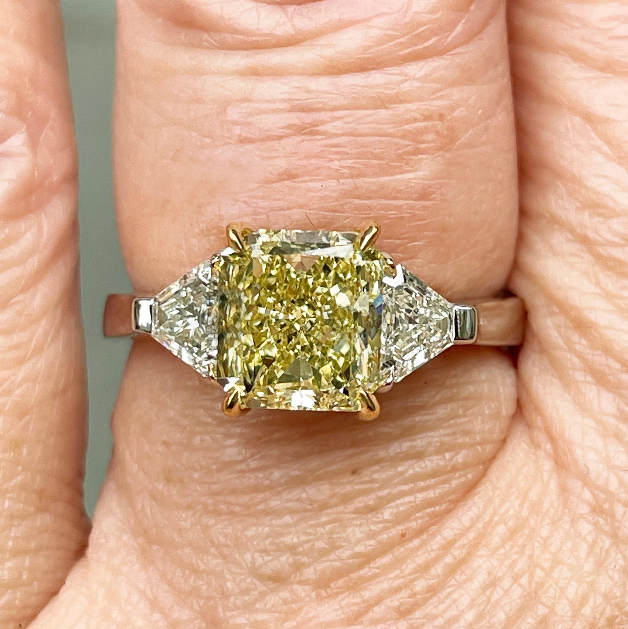 Radiant Cut GIA 2.66ct Natural Fancy Yellow RADIANT 3 Stone Diamond Engagement Platinum Ring For Sale
