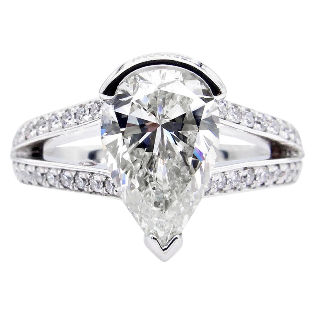 GIA 2.68 Carat Vintage Pear Shaped Diamond Engagement Wedding Pave Platinum Ring